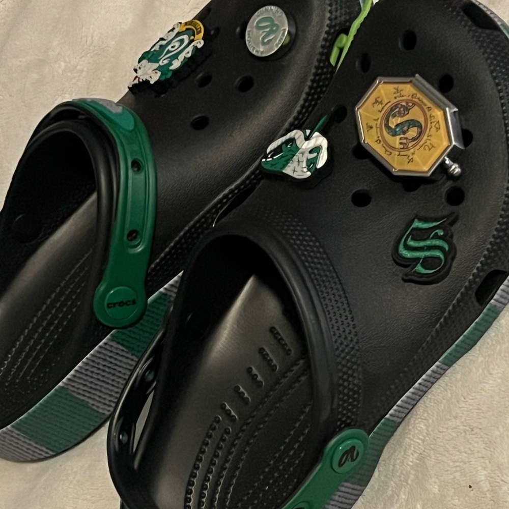 CROCS Black and Green Clogs with Fun Charms